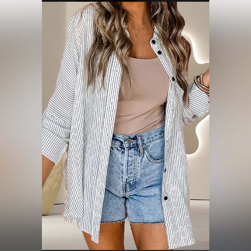 NWT Pocketed Striped Collared Neck Long Sleeve Shirt